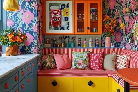 10 Ways to Create a Kitschy Kitchen You'll Love Kitschy Aesthetic, 70s Kitsch, Kitschy Decor, Colorful Backsplash, Thrifted Decor, Dish Display, Retro Appliances, Maximalist Interior, My Own Place