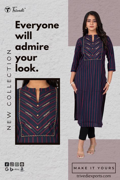 This classic ensemble features intricate hand work and a stylish stand collar, creating a unique and artistic touch. 🌟 Product Material: Made from High-Quality Cotton Flex for a Soft and Delightful Feel 🌟 🔵 Color: Elegant Navy Blue for a Touch of Sophistication 🌌 🎨 Pattern: Stand Collar Kurti with Hand Work for a Unique and Artistic Look 🖌️ ⏳ Sleeves: Graceful 3/4 Length Sleeves for an Elegant and Stylish Flair ⌛ S-38, M-40, L-42, XL-44, XXL-46 Stand Collar Kurti, Stand Collar Kurti Pattern, Kurti With Hand Work, Collar Kurti, Kurti Pattern, Kurti Patterns, Straight Kurta, Hand Work, Stand Collar