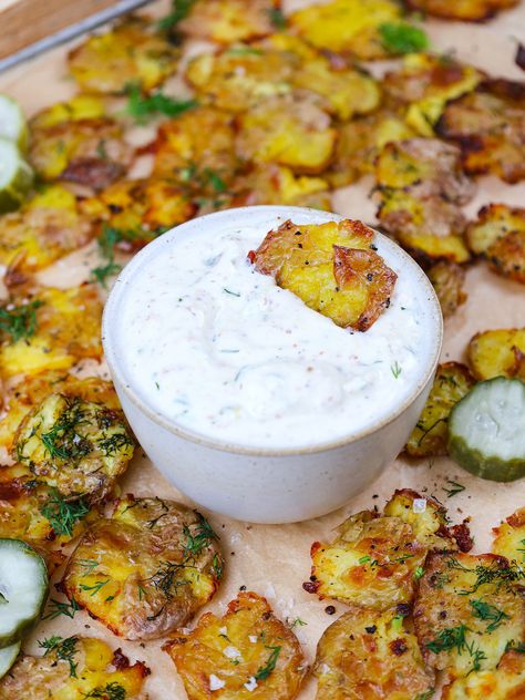 Crispy Mini Smashed Potatoes (with Roasted Garlic Dipping Sauce) Crispy Smashed Potatoes With Lemony Chive Sauce, Smashed Potatoes With Dip, Dill Smashed Potatoes, Mini Smashed Potatoes Recipe, Smashed Potato Nachos, Roasted Potato Dipping Sauce, Small Smashed Potatoes, Smashed Potato Dipping Sauce, Dip For Smashed Potatoes