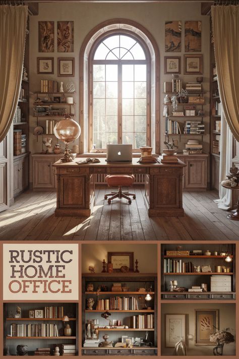 Create a warm and inviting rustic office aesthetic by combining a wooden pallet project desk with industrial small office design 🛠️. Add charm with rustic style home decor and bring in natural textures like wood and stone accents. Try adding a few DIY rustic decor touches, like a handmade wooden shelf, for a personal touch. #RusticHomeOfficeDesk #RusticFeel #WoodAndBlackInteriorDesign #ModernRusticDecor #WoodenShelf #DiyRusticDecor #RusticMensOffice #FarmhouseNaturalDecor #WoodFurnitureDIY Office For Him, Men’s Home Office, Office With Fireplace, Rustic Style Home, Aesthetic Home Office, Antique Office, Rustic Home Offices, Aesthetic Tips, Family Homestead