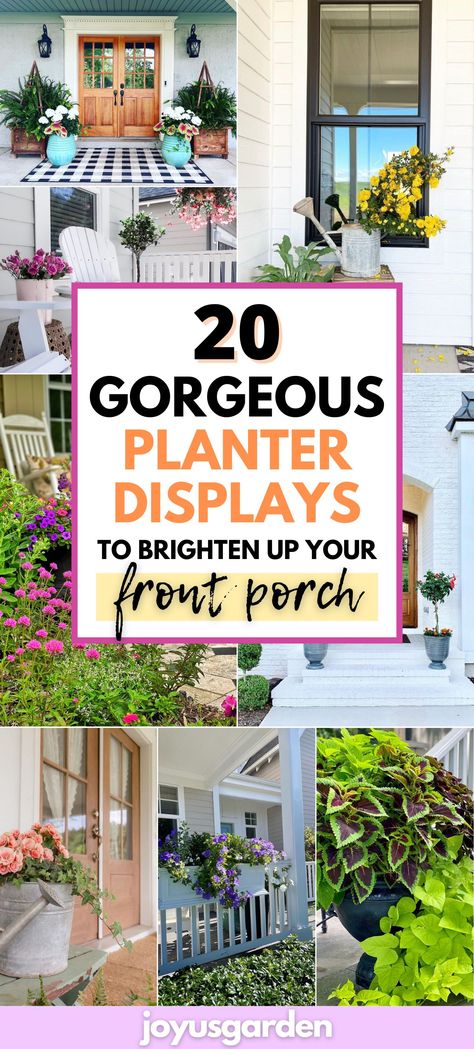 With these front porch plant displays, you can elevate the curb appeal of your home by adding a pop of color and personality to its exterior. With these 20 ideas, you'll feel inspired to decorate your front porch for the spring and summer seasons. Decor For Front Of House, How To Decorate A Front Porch, Front Porch Flower Ideas, Faux Plants For Front Porch, Planters For Front Porch, Front Porch Planter Ideas, Porch Planter Ideas, Front Porch Garden, Front Door Plants