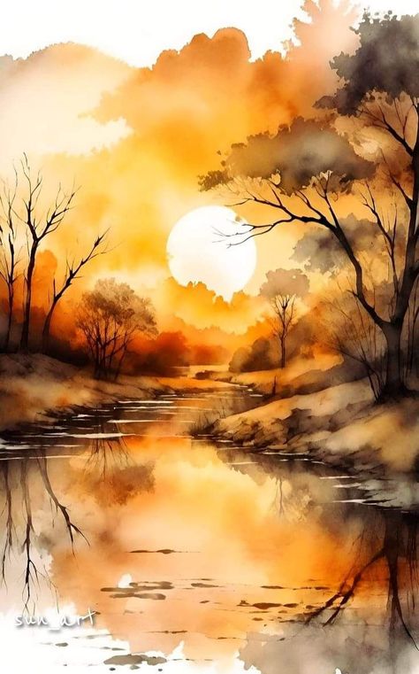 Autumn Sunset Painting, Autumn Watercolour Painting, Autumn Watercolor Paintings, Watercolor Fall Landscape, Art With Nature, 자작나무 그림, Autumn Landscape Painting, Forest Fall, Landscape Autumn