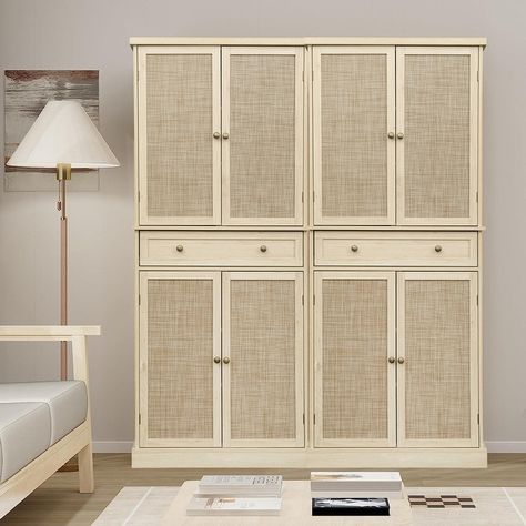 Wardrobe Closet Free Standing, Freestanding Closet Ideas, Beige Dressers, Rattan Wardrobe, Armoire Closet, Closet Features, Bedroom Wall Units, Comforter Storage, Ikea Wardrobe