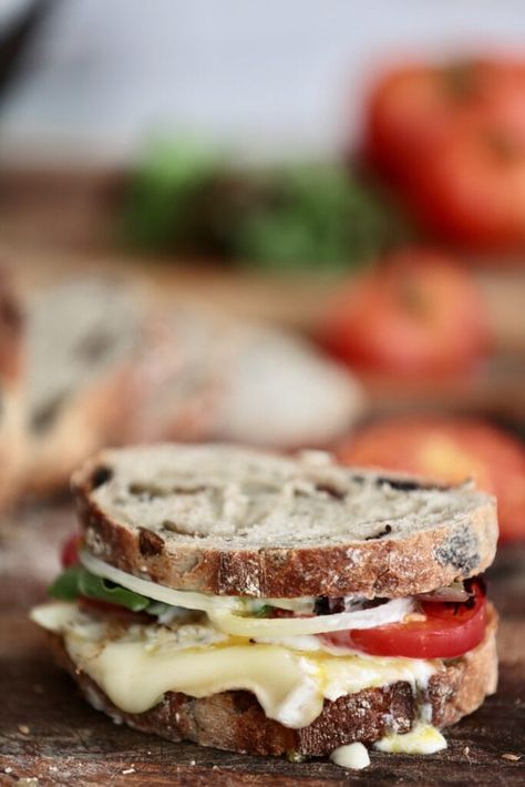 Vegetarian artisan breakfast sandwich with fresh lettuce, heirloom tomatoes, onions and brie cheese on fresh olive bread. Vegan Egg Substitute, Veggie Sausage, Baked Food, Fresh Olives, Olive Bread, Veggie Breakfast, Country Bread, Bread Sandwich, Breakfast Brunch Ideas