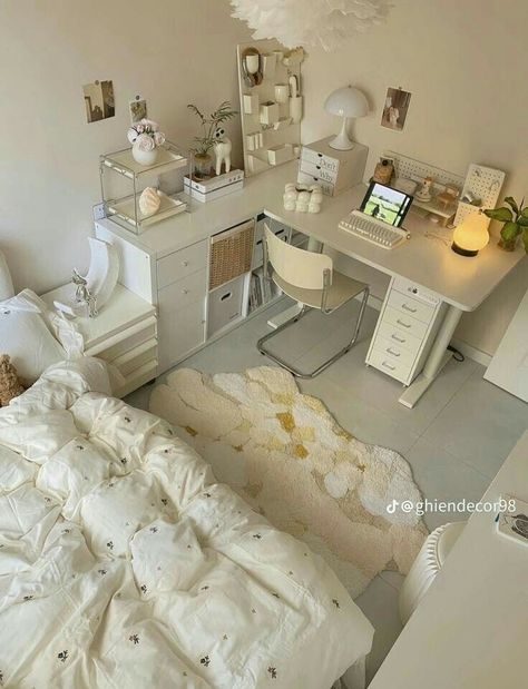 Small Room With Vanity And Desk, Room Inspo Korean Style, Softie Room Aesthetic, Cute Clean Bedroom Ideas, Xiao Hong Shu Bedroom, Aesthetic Room With Bunk Bed, Wonyoung Bedroom, Room Redesign Ideas, Two Level Bedroom