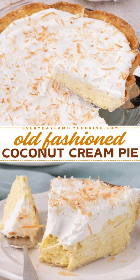 Look no further for sweet treats to make for Thanksgiving! Here's the best coconut cream pie ever! Learn how to make an easy old-fashioned coconut cream pie made with easy ingredients like instant pudding and Cool Whip. A dessert that’s sure to please! Instant Pudding And Cool Whip, Old Fashioned Coconut Cream Pie, Pudding And Cool Whip, Coconut Cream Pie Easy, Best Coconut Cream Pie, Desserts With Few Ingredients, Coconut Cream Pie Recipes, Spring Baking, Coconut Custard Pie