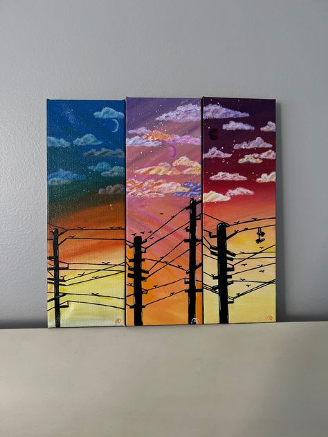 Bright Colour Painting, 7x14 Canvas Painting Ideas, Split Paintings Canvases, 4 Piece Canvas Painting, Set Of 3 Canvas Painting Ideas, Moon Painting Acrylic, Silk Painting Techniques, Canvas Art Painting Acrylic, Sunset Painting Acrylic