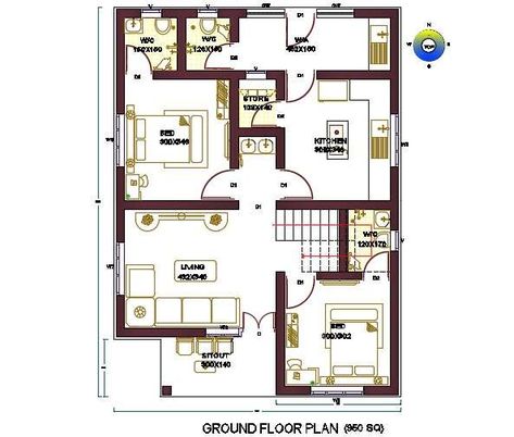 The architecture ground floor for plot size of 950 Sq Ft House Plan with east facing direction that shows 2 master bedrooms, kitchen, living room, store room and wash area. also has number of door and window marking detail. download house plan DWG file for collection of fabulous ideas that would serve as a good source of inspiration for new project drawing. 950 Sq Ft House, House Plans 2 Bedroom, Modern House Floor Plans, 2 Bedroom House Plans, House Plans 3 Bedroom, House Construction Plan, Cad Blocks, House Front Design, Floor Layout