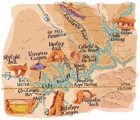 Grand Canyon Map, Hill Illustration, Lake Powell Arizona, Glen Canyon Dam, Camping In Maine, Antelope Canyon Arizona, Southwest Travel, Utah Lakes, Utah Trip