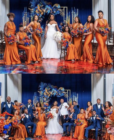 Black People Weddings Colors, Navy Blue And Burnt Orange Wedding Black People, Cobalt Blue And Orange Wedding, Cooper Wedding Theme, Navy Blue And Burnt Orange Wedding Bridesmaid Dresses, African Wedding Colors, Wedding Color Ideas Black People, Wedding Colors For Black Couples, African American Wedding Ideas