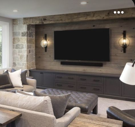 Multiple Tvs On Wall Basement Ideas, Rustic Rec Room Ideas Basements, Built In Tv Wall Unit Basement, Rustic Media Wall, Basement Tv Wall, Rustic Basement Tv Wall, Built In Tv Wall Unit Modern, Basement Tv Room Ideas, Basement With Multiple Tvs