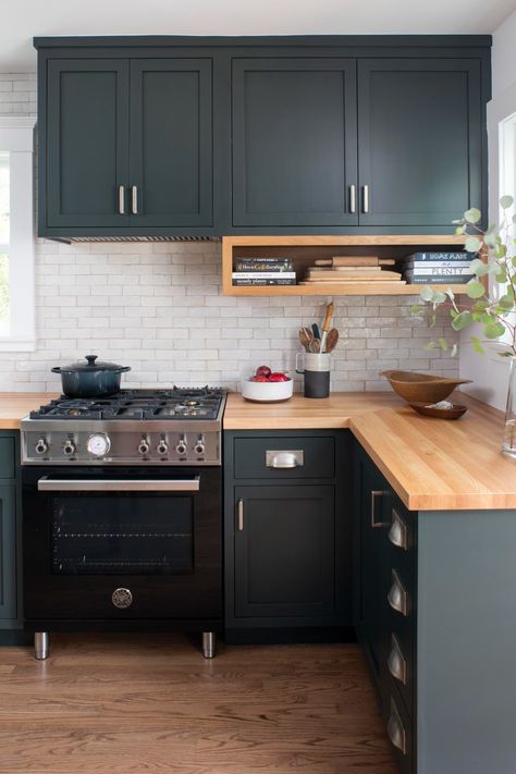 A Bold, Masculine Kitchen by Los Angeles Designer Kelly Martin | Rue Green Cabinets With Butcher Block, Masculine Kitchen, Dark Green Kitchen, Cottage Kitchen Design, Butcher Block Kitchen, Green Kitchen Cabinets, Green Cabinets, Butcher Block Countertops, Cottage Kitchen