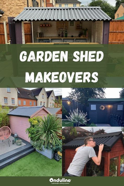 Give your shed a makeover this summer with these easy DIY friendly ideas! #gardenshed #mancave #sheshed #sheddiy #gardendiy Exterior Shed Makeover, Old Shed Renovation, Outdoor Shed Paint Ideas, Shed Landscaping Ideas Easy Diy, Painted Sheds Ideas Backyards, Brick Shed Makeover, Painting A Shed Ideas, Homemade Shed Ideas, Decorating Sheds Exterior