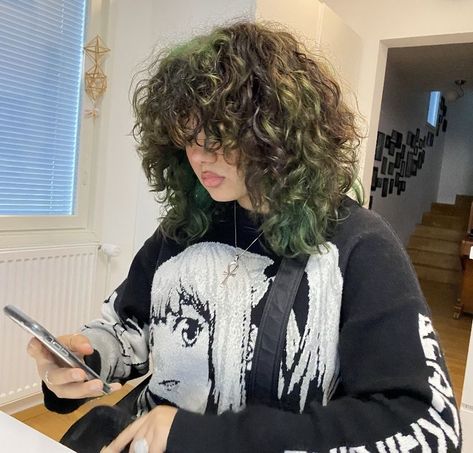 First-Time Green Hair: Fabulous Ideas Green Balayage Curly Hair, Curly Hair Color Ideas Peekaboo, Green Dye On Brown Hair, Dyed Curly Hair Green, Dark Green Hair Curly, Dark Green Highlights In Brown Hair, Muddy Green Hair, Curly Hairdye Styles, Split Dye Hair Curly