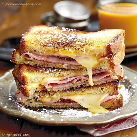 This Monte Cristo Style Grilled Cheese Sandwich combines smoked ham and Swiss cheese with a rich egg coating, creating a delicious twist on the classic sandwich. Light Sandwiches, Grilled Cheese Sandwich Recipe, Cheese Sandwich Recipe, Ham And Swiss, Egg Grill, Grilled Ham And Cheese, Monte Cristo Sandwich, Classic Grilled Cheese, Grilled Ham