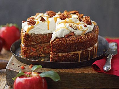 Apple-Pecan Carrot Cake Recipe | Carrot cake gets a fall makeover with our Apple-Pecan Carrot Cake recipe. Top a showstopping crown of Mascarpone Frosting with swirls of Apple Cider Caramel Sauce and a scattering of pecans. Caramel sauce, rather than frosting, sandwiches together the moist cake layers. Pecan Carrot Cake, Cider Caramel, Cake Fall, Fall Cake Recipes, Fresh Apple Cake, Mascarpone Frosting, Spice Cake Recipes, Fall Cake, Thanksgiving Cakes