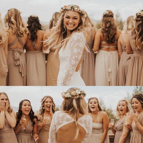 Poses For Bridal Party Group Shots, Bride Reveal To Bridesmaids, Individual Bridesmaid Poses With Bride, Wedding Photography Poses Family Group Shots Picture Ideas, Fun Bridesmaid Pictures, First Look Bridesmaids, Bridesmaid And Groomsmen Pictures, Wedding Photos Bridesmaids, Bridesmaid First Look