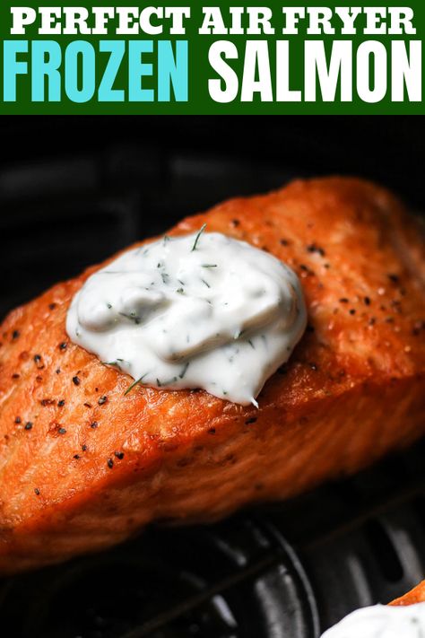 Perfect air fryer salmon fillet cooked from fresh or frozen  fish. Infused with lemon and covered with Greek yogurt garlic sauce, this recipe will become your favorite. So easy and beginner and kids friendly. Best Air Fryer Salmon, Air Fryer Recipes Salmon, Air Fryer Recipes Breakfast, Frozen Fish, Air Fryer Salmon, Air Fryer Fish, Frozen Salmon, Salmon Fillet, Cooks Air Fryer