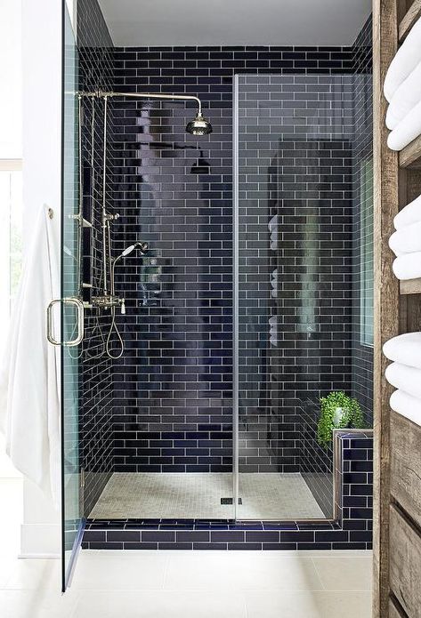 Navy Subway Tile, Subway Tile Bathroom, Blue Shower Tile, Navy Blue Tile, Navy Blue Bathrooms, Blue Subway Tile, Navy Bathroom, Blue Bathroom Tile, Subway Tiles Bathroom