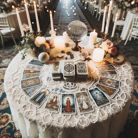 Tying the knot? 💍 Add a twist of magic to your big day with Tarot readings! Imagine giving your guests a glimpse into their future as they celebrate your present. Not just entertainment, but a soulful journey everyone will talk about. 🌟 Did you know Tarot can also offer insight into the journey of your marriage, guiding you towards harmony and understanding? Let’s make your wedding truly unforgettable. ⁣ ⁣ #tarotcards #tarotreading #tarotreadersofinstagram #tarotreader #divination #TarotAtWed... Tarot Card Place Cards, Tarot Reading Party, Mystic Wedding Theme, Tarot Party Ideas, Renewal Aesthetic, Spiritual Wedding Ideas, Wedding Tarot, Tarot Card Wedding, Tarot Wedding