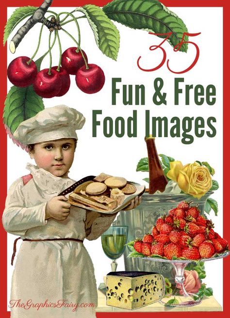 35 Fun (and Free) Food Images! - Graphics Fairy. So many beautiful free vintage food graphics to print and use in craft projects and DIY Home decor. Or make your own Printables! Vintage Food Labels, Christmas Fonts Free, Vintage Halloween Images, Christmas Graphic Design, The Graphics Fairy, Fairy Images, Free Vintage Printables, Food Clipart, Silhouette Images