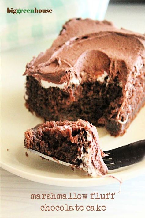 Marshmallow Fluff Chocolate Cake- Big Green House #cake #chocolatecake #marshmallowfluff #dessert Fluff Ideas, Homemade Chocolate Cake Mix, Big Green House, Fudgy Chocolate Cake, Homemade Marshmallow Fluff, Marshmallow Cake, Simple Desserts, Homemade Chocolate Cake, House Simple