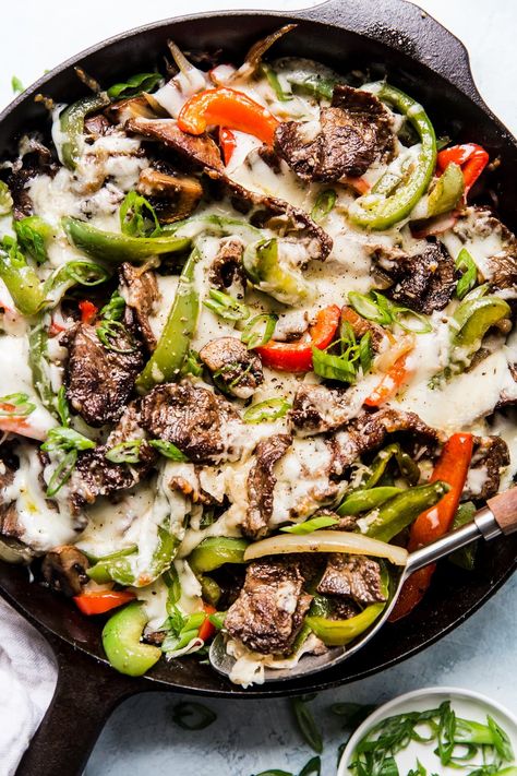 Philly Cheese Steak Skillet, Cheese Steak Skillet, Recipes With Steak, Steak Skillet, Steak Strips, Philly Cheese Steak Sandwich, Philly Cheesesteaks, Skillet Steak, Cheesesteak Recipe