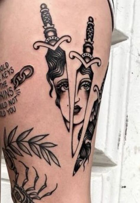 Alt Women Tattoos, Dagger Leg Tattoo, Women Traditional Tattoo, Meaningless Tattoos, Traditional Thigh Tattoo, Traditional Back Tattoo, Tattoos Abstract, Traditional Hand Tattoo, Old School Traditional