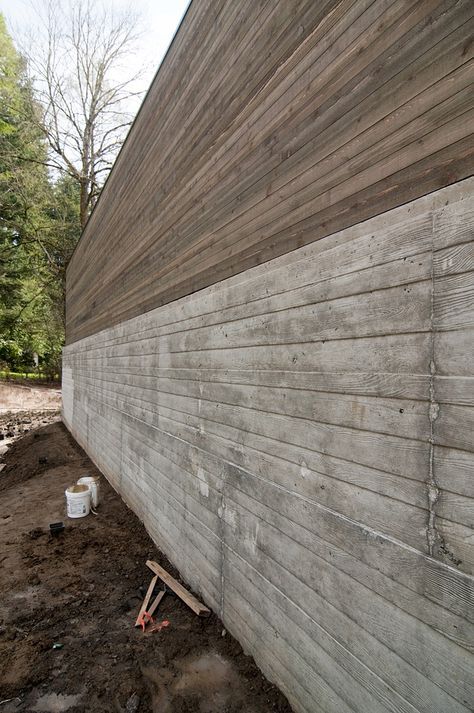 Board formed concrete wall & wood above Formed Concrete Wall, Board Formed Concrete Wall, Formed Concrete, Corrugated Metal Siding, Board Formed Concrete, Domestic Bliss, Concrete Facade, Concrete Architecture, Wall Wood