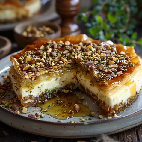 Honey Pistachio Baklava Cheesecake Recipe Baklava Cheesecake Recipe, Honey Pistachio, Cinnamon Cheesecake, Pistachio Cheesecake, Baklava Cheesecake, Pistachio Baklava, Creamed Honey, Phyllo Dough, Honey Syrup