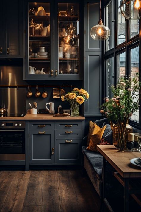 Discover the allure of moody farmhouse kitchen ideas that blend the warmth of traditional rustic design with a hint of contemporary drama. Embrace deep, rich color palettes, weathered wood accents, and vintage-inspired fixtures to infuse your kitchen with an inviting ambiance. Let the interplay of dark hues and natural textures transport you to a space that exudes timeless charm and modern elegance. Grey Soapstone Countertops Kitchen, Modern Craftsman Kitchen, Dark Academia Kitchen, Kitchen Witches, Moody Farmhouse, 40 Aesthetic, Moody Kitchen, Rustic Kitchens, Barn Apartment