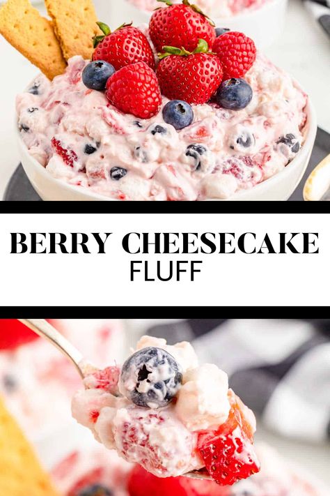 Two image collage of berry cheesecake fluff. The first image shows a bowl of the berry cheesecake fluff topped with strawberries, blueberries, and graham crackers. The second image shows a spoonful of berry cheesecake fluff. Triple Berry Cheesecake Salad, Cool Whip Fluff, Berry Cheesecake Fluff, Cream Cheese Fruit Salad, Mixed Berry Dessert, Cream Cheese And Cool Whip, Fluff Recipes, Fresh Blueberry Recipes, Cheesecake Fluff