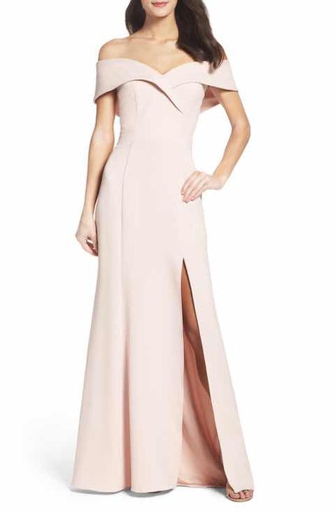 Xscape Portrait Collar Gown Neoprene Gown, Entourage Gowns, Collar Gown, Pink Evening Gowns, Neoprene Dress, Off Shoulder Evening Dress, Xscape Dresses, Pink Gowns, Column Gown