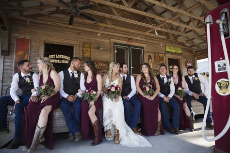 Savannah & Neko’s Rustic Burgundy Farm Wedding Jeans Wedding Attire Groomsmen Burgundy, February Country Wedding, Bridesmaid Dresses Cowboy Boots, Country Bridesmaid Dresses With Boots, Bridesmaid Dress With Cowboy Boots, Bridesmaid Dresses With Boots, Burgundy Country Wedding, Bridesmaid Dresses With Cowboy Boots, Country Wedding Colors