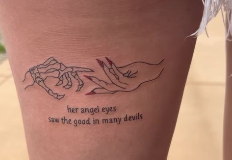 13 Tattoo Placement, Her Angel Eyes Saw The Good Tattoo, Motto Tattoo Ideas, Toxic Love Tattoos Women, Two Lovers Tattoo, Insperational Tattoos, Abandoned Tattoo Ideas, You Were My Favorite Hello Tattoo, She Conquered Her Demons Tattoo