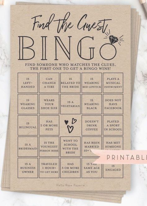 Fun Icebreaker Games, Find The Guest Bingo, Bridal Shower Questions, Guest Bingo, Different Wedding Ideas, Fun Icebreakers, Find The Guest, Marriage Reception, Fun Bridal Shower Games