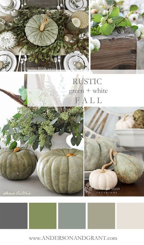 Check out this inspirational mood board featuring all the rustic green and white decorating ideas that you need to create a neutral fall color palette. | http://www.andersonandgrant.com Fall Color Pallet, Autumn Decorating, Fall Color Palette, Oak Leaves, Fabulous Fall, Farmhouse Fall, White Pumpkins, Décor Diy, Fall Holidays