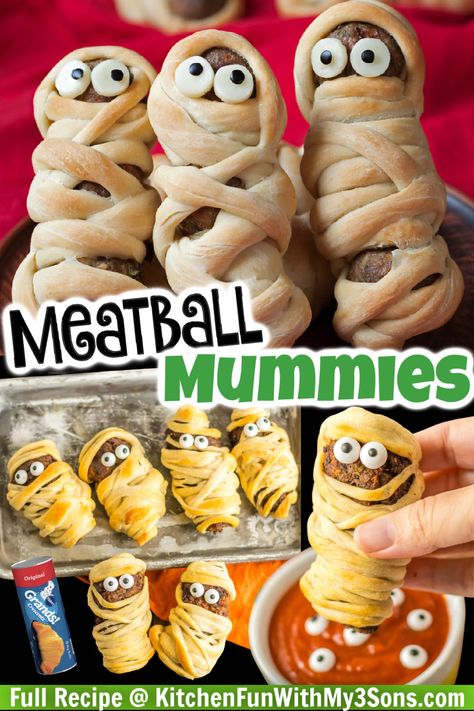 Delicious meatball mummies, a spooky Halloween appetizer or fun dinner for the kids. Perfectly seasoned ground meat wrapped in strips of crescent dough, baked to golden perfection. Meatball Mummies, Halloween Meatballs, Bacon Wrapped Meatballs, Halloween Appetizer, Soft Sugar Cookie Recipe, Fun Dinner, How To Make Meatballs, Appetizer Meatballs, Tasty Meatballs