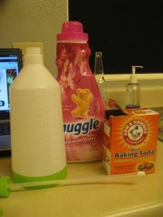 I went to Walmart and picked out my favorite scent of liquid fabric softener. I took out an empty spray bottle I had stashed away. Mix up just over 1/8 cup of the fabric softner with 2 tablespoons of baking soda and fill the rest of the bottle with tap water. Homemade Febreeze, Febreeze Diy, Homemade Febreze, Liquid Fabric, Liquid Fabric Softener, Homemade Cleaning Products, Diy Cleaners, Cleaning Recipes, Tap Water