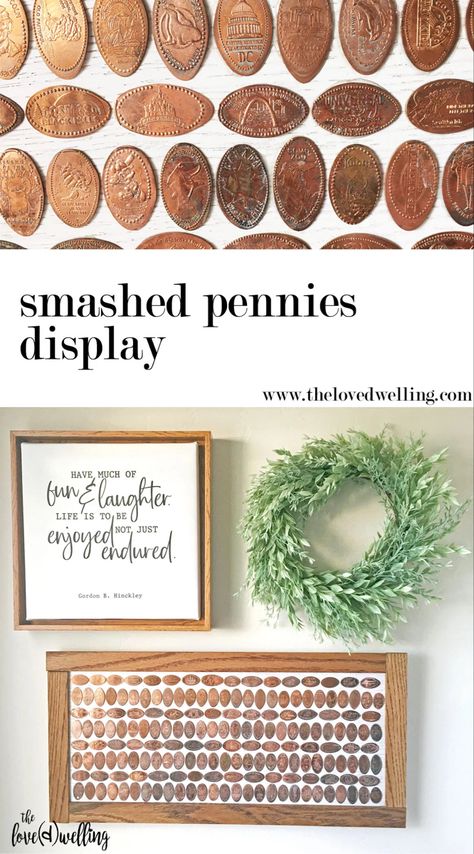 Penny Collection Display, Copper Farmhouse Decor, Framed Coins Ideas, Smashed Penny Display, Diy Pressed Penny Display, Smashed Pennies Display Ideas, Souvenir Penny Display Ideas, Flattened Penny Display, Squished Penny Display