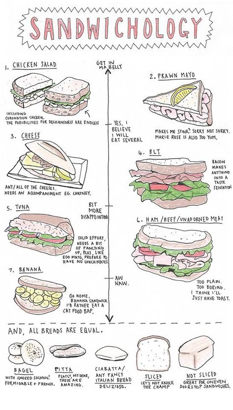 Eilidh got in touch to show us her theory of 'sandwichology', a definitive ranking of sandwiches from best to worst. Bit controversial. Sandwich Menu Design, Sandwich Types, Fantasy Recipes, Sandwich Drawing, Cooking Cheat Sheet, Pictures Of Turkeys, Drink Doodles, Sandwich Menu, Types Of Sandwiches