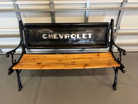 Made this over the weekend, found old junk bench with rotted wood for Free, I had the old tailgate off my truck project, supper easy project Chevy Tailgate Bench, Truck Tailgate Bench, Tailgate Ideas, Tailgate Bench, Barn Storage, Truck Tailgate, A Truck, Welding Projects, Easy Projects