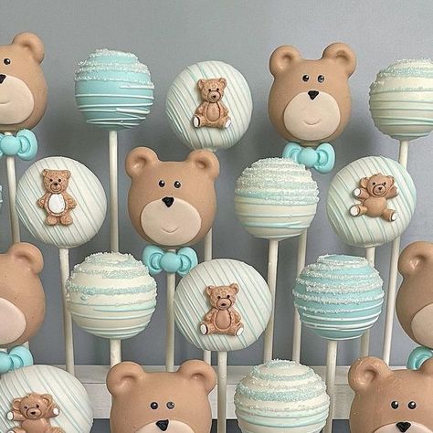 We Can Nearly Wait Baby Shower Cakes, Teddy Bear Treats For Baby Shower Boys, Bear Theme Cake Pops, We Can Bearly Wait Cake Pops, Teddy Bear Baby Shower Theme Desserts, Cake Pops For Baby Shower Boy, We Can Bearly Wait Baby Shower Treats, Bear Candy Table, Bear Baby Shower Desserts