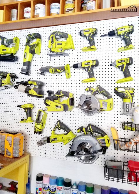 Ryobi power tools in pegboard   #thdprospective Tool Pegboard, Ryobi Power Tools, Pegboard Garage, Power Tool Storage, Pegboard Organization, Garage Organization Diy, Tool Storage Diy, Woodworking Power Tools, Tool Box Organization