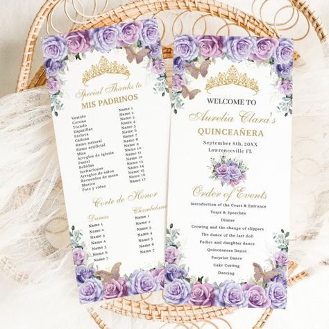 Purple Lilac Floral Quinceañera Order of Events Program - tap/click to get yours right now! #Program #quincea&241;era #mis #quince #anos #xv, Purple Quince Invitations, Lilac Quinceanera Ideas, Lavender Quinceanera Ideas, Lilac Quinceanera, 18th Debut, Lavender Quinceanera, Quinceanera Theme, Quinceañera Ideas, Quince Invitations