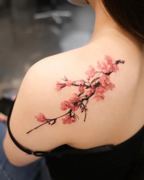 30+ Cherry Blossom Tattoo: Your Ultimate Guide to Ink Perfection Plum Blossom Tattoo, Cherry Tree Tattoos, Vintage Floral Tattoos, Around Arm Tattoo, Flower Tattoo Ideas, Floral Tattoos, Koi Tattoo, Back Of Shoulder Tattoo, Cherry Blossom Tattoo