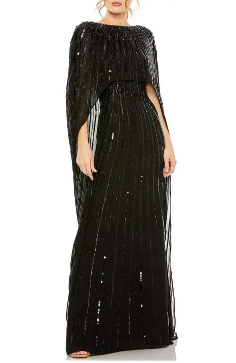 Wedding Guest Dresses Black Cape Dress, Asymmetrical Cape, Pinterest People, Cape Gown, Formal Dresses With Sleeves, Look Formal, Evening Dresses With Sleeves, Beaded Chiffon, Column Gown