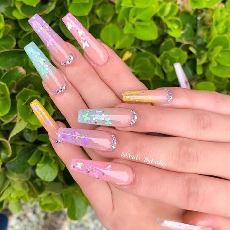 Rainbow Nails With Rhinestones, Neon Gel Nail Designs, Spring Sets, Pastel Butterfly, Encapsulated Nails, Sugar Pop, Butterfly Nails, Spring Acrylic Nails, Stylish Nails Designs