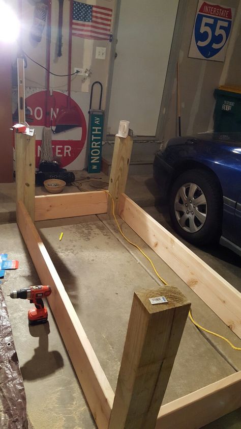 Getting the frame ready King Size Bed Frame Diy, Sandbox With Cover, Diy Platform Bed Frame, Table Legs Diy, Platform Bed Plans, Build A Raised Garden Bed, Wooden Sandbox, Bed Frame Diy, Hatbox Ghost