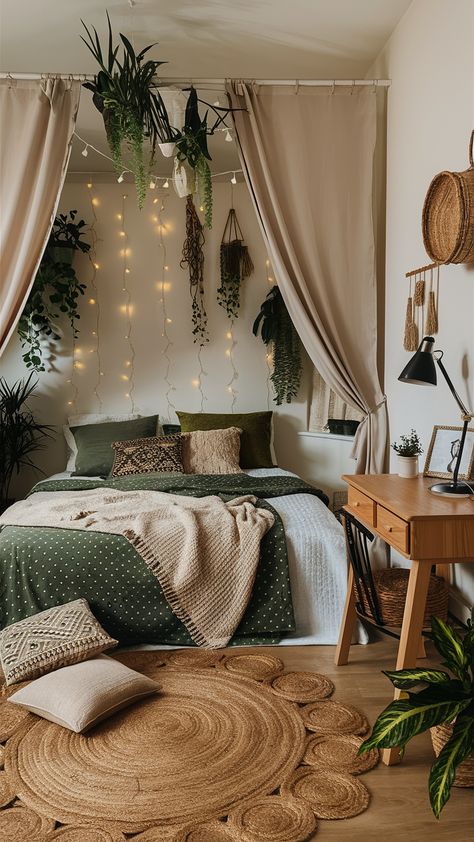 Refresh your home with modern decor ideas and chic inspirations. Find elegant solutions and luxe accents for stylish updates and transformations. #HomeInspiration #TrendyDesign #LuxeDecor Plants Over Headboard, Ivy Behind Bed, Ivy Wall Bedroom Corner, Boho Bedroom Vines, Boho Bedroom Ivy Wall, Boho Bedroom Vines And Lights, Mushroom Bedroom, Emerald Green Bedrooms, Archway Decor